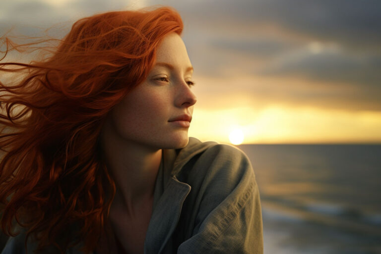 woman with red hair by waterfront in thoughtful mood