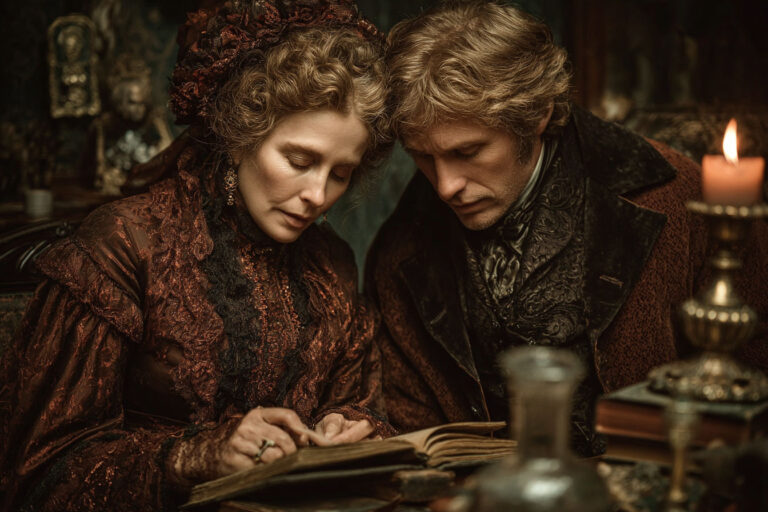 A historical scene showing a William and Elizabeth Gaskell in 19th-century attire, seated close together in a dimly lit room. Elizabeth Gaskell, dressed in a richly detailed burgundy lace gown and adorned with intricate jewelry, is focused on a book she is holding, while William Gaskell, in a dark velvet coat, leans in closely, observing her. A lit candle flickers on the table beside them, adding warmth to the intimate and thoughtful atmosphere.