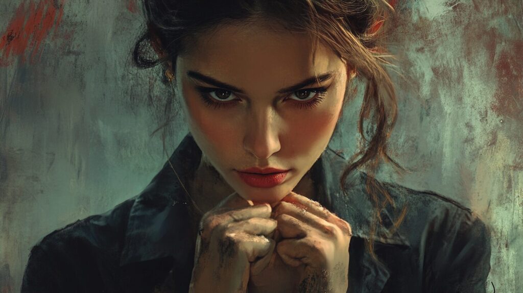 beautiful_woman_says_no_unusual_manner_challenge_3e2d3fea_1 - Personal Development and Growth A close up portrait of a woman with intense focused eyes She stands in front of a textured background wearing a dark shirt and exuding a sense of determination and strength Her hands are clenched in front of her as if preparing for a challenge adding a layer of intensity to her expression The lighting and colors create a dramatic almost mysterious atmosphere emphasizing her resolute stance and unyielding attitude