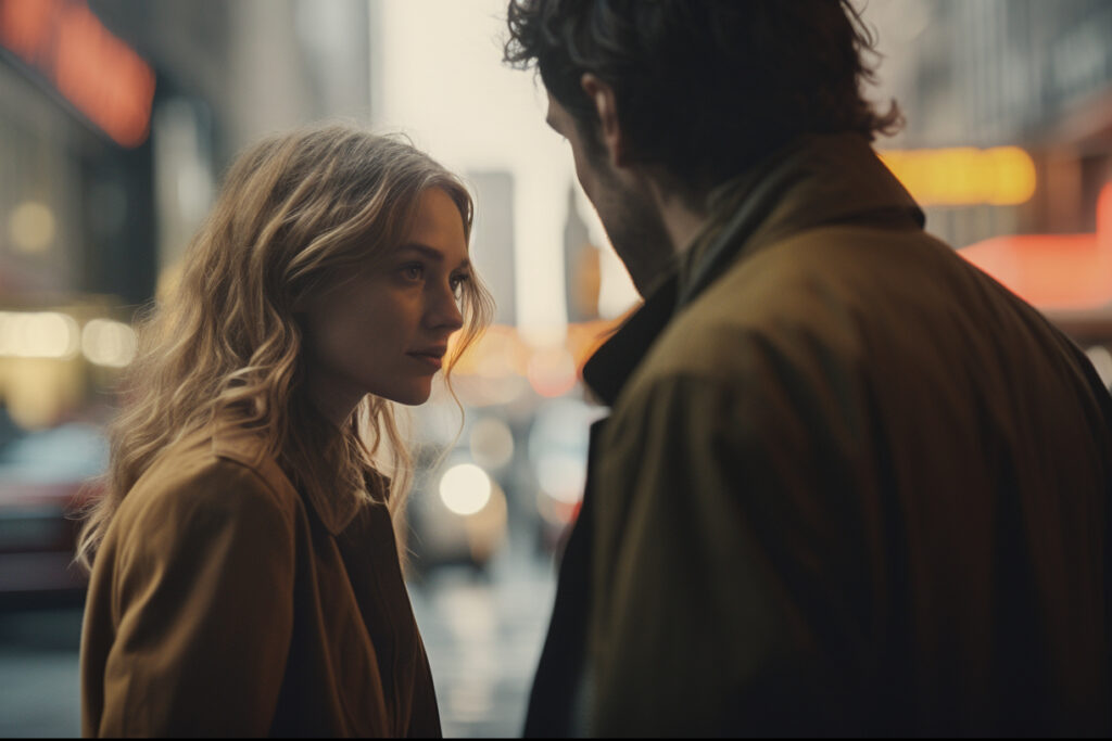 Cinematic close-up of a blonde woman in a trench coat looking intently at a man during an intense conversation on a busy urban street at twilight.