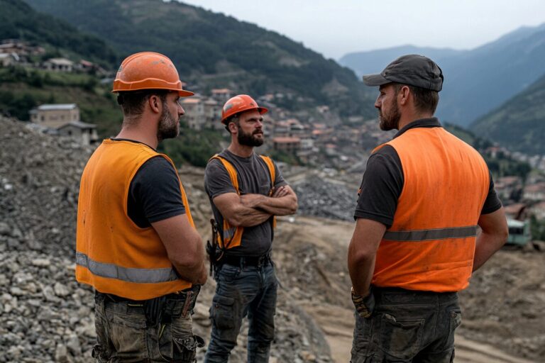 construction workers talking to each other worksite