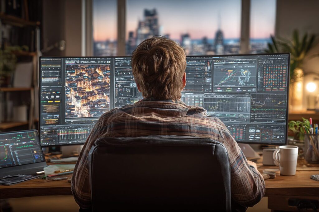 financial_analyst_watching_comupter_monitors_home_office_1d8cee2c_3 - Personal Development and Growth Watching stock market at home