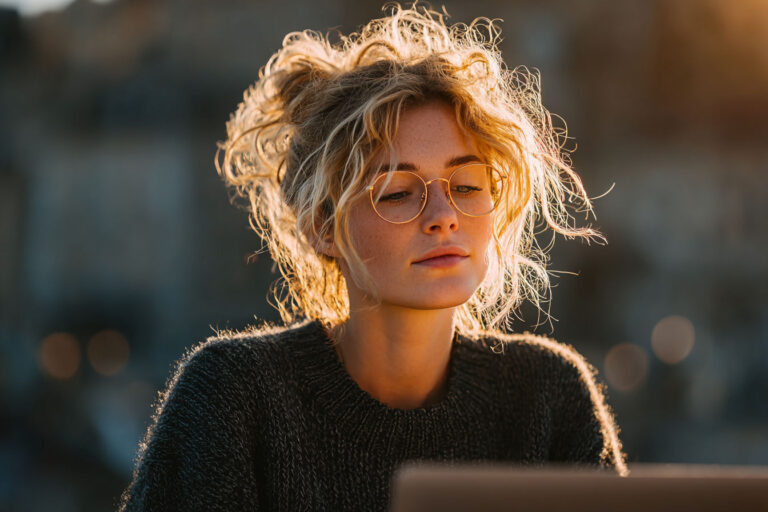 A young woman with curly blonde hair and round glasses sits outdoors in soft sunlight, absorbed in her laptop screen. The warm glow from the setting sun highlights her face and hair, creating a serene and thoughtful atmosphere. The background is softly blurred, emphasizing her relaxed and focused expression as she works.