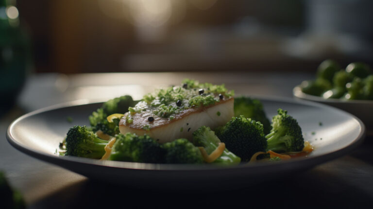 A close-up shot of a healthy and vibrant meal, featuring a perfectly cooked fish fillet garnished with green herbs and black peppercorns. The fish is nestled amongst bright green broccoli florets and what appear to be thin, orange vegetable ribbons, possibly carrots or bell peppers. The dish is served on a light-colored plate, which rests on a darker surface, possibly a table. In the background, out of focus, there's a hint of natural light coming through, creating a warm glow, and another bowl of green vegetables is faintly visible. The overall impression is one of fresh, nutritious, and appealing food.