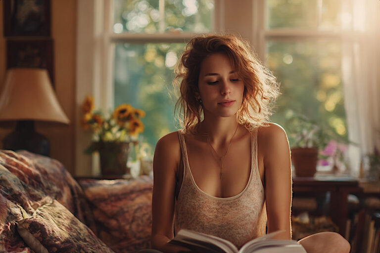 Young woman with wavy hair sitting comfortably in a cozy, sunlit room reading an open book, surrounded by potted plants and warm natural light.