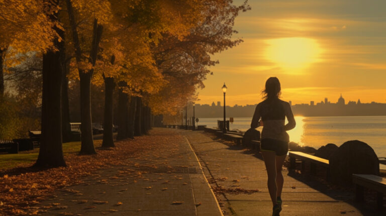 Silhouetted woman jogging away from camera along a paved waterfront park path lined with autumn trees, facing a golden sunset over the water and city skyline in the distance.