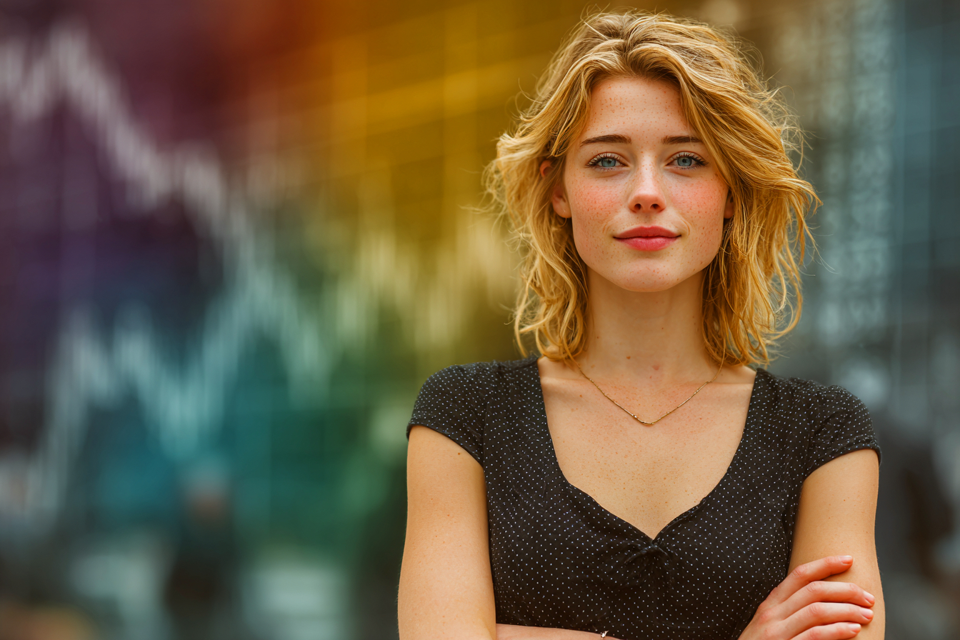 Portrait of a freckled blonde woman wearing a black dress and delicate necklace, standing with crossed arms against a colorful blurred financial background.