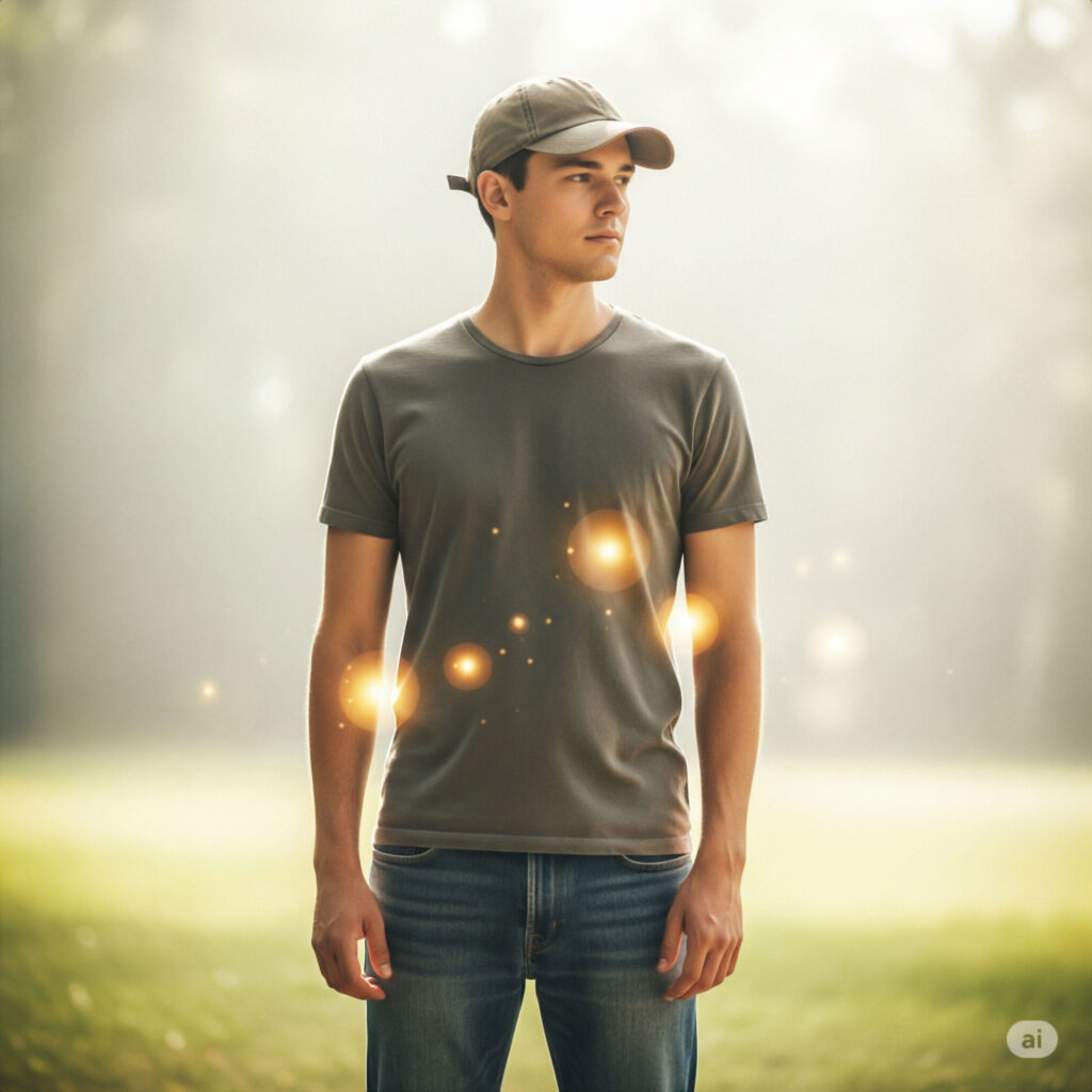 man-human-treasures-within-golden orbs - Personal Development and Growth man in jean standing with golden orbs symbolizing inner treasures
