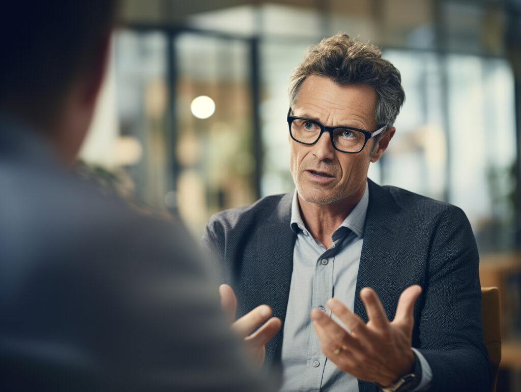 A middle-aged man with short grey hair and black-framed glasses gesturing with open hands while speaking earnestly to a colleague in a modern office environment.