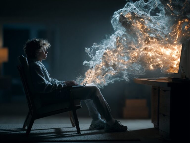 A young man sits in a chair, staring intently at his laptop. From the screen, a cloud of ethereal, glowing smoke swirls outwards, as if the computer is generating something magical or powerful. The dark room and soft lighting create a dramatic contrast with the vibrant energy emanating from the laptop.