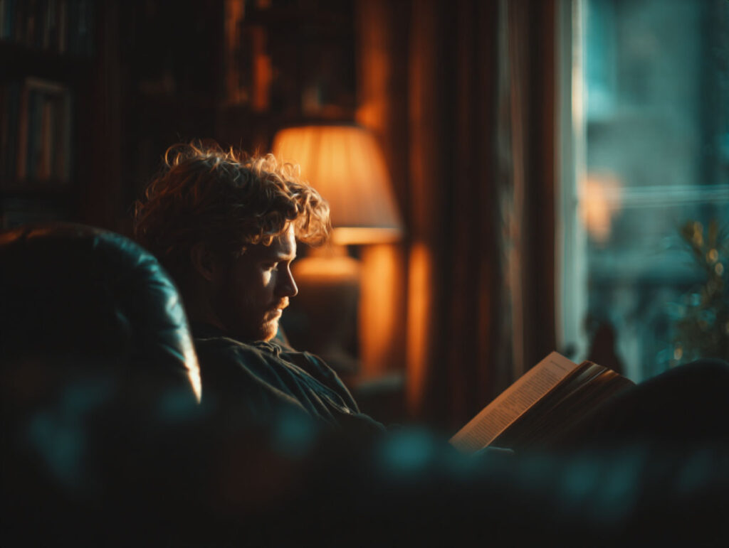 man_in_quiet_urban_apartment_cinematic_view_reading_book_ - Personal Development and Growth man quietly reading a book