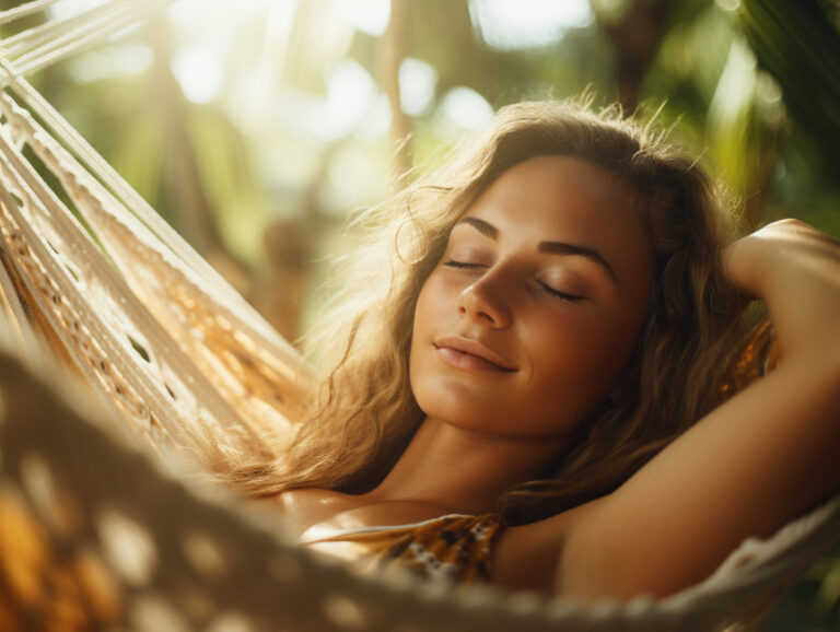 Close-up of a peaceful woman resting in a woven hammock with her eyes closed, enjoying warm natural sunlight in a lush outdoor setting.