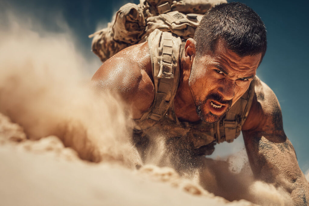 action hero battling in sand