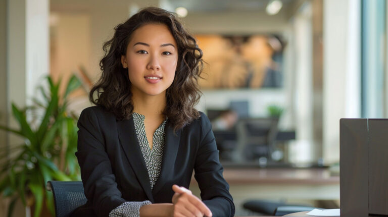 A professional, eye-level, medium shot of a woman with dark, wavy hair and a friendly, confident expression, looking directly at the viewer. She has light skin and is wearing a black blazer over a patterned white and black blouse. Her hands are clasped lightly in front of her. The background is a modern, blurred office setting with plants, desks, and natural light, suggesting a professional environment.