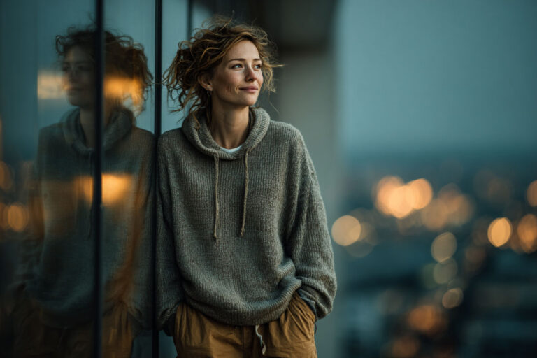 A candid, medium-shot photo of a light-skinned woman with curly, light brown hair pulled back, leaning casually against a reflective glass surface. She is looking thoughtfully to her right (viewer's left) with a soft, content smile. She is wearing a cozy, oversized grey knitted hoodie and light brown, loose-fitting pants, with her hands in her pockets. Her reflection is visible in the glass. In the blurred background, out of focus city lights create bokeh effects, suggesting an urban setting at dusk or night, viewed from a high vantage point. The overall mood is peaceful and contemplative.