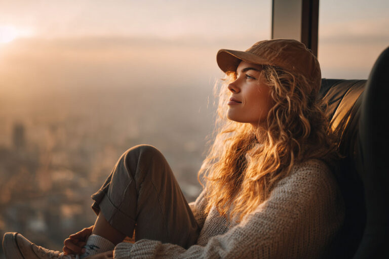 pretty woman lounging chair by window
