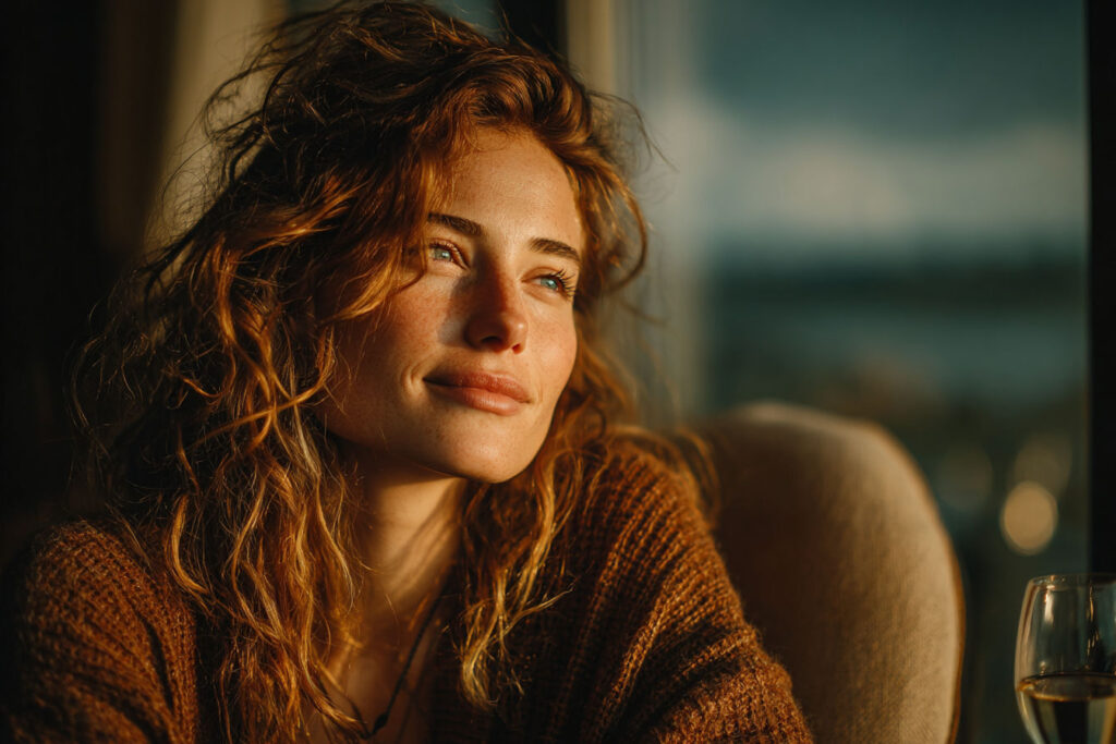 beautiful woman in thoughtful mood illuminated by evening sun