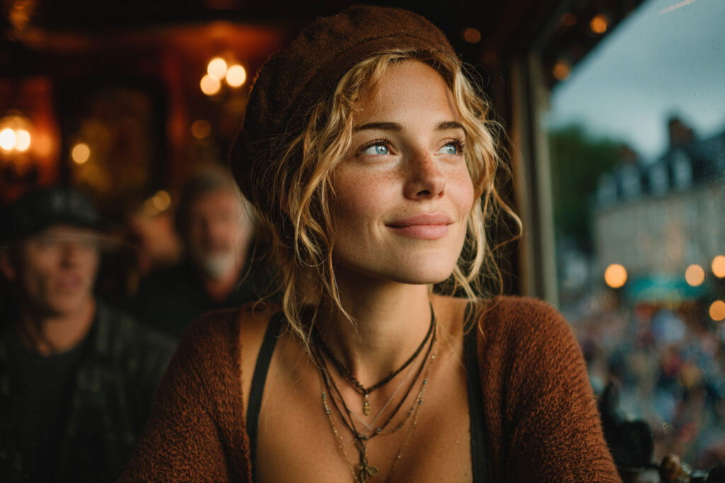 pretty woman wearing a brown sweater and layered necklaces seated indoors by a window, with warm lighting and a blurred urban street scene visible outside.