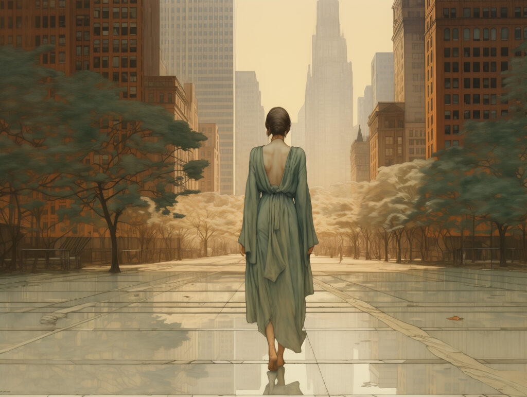 pretty_woman_walking_in_Manhattan_illustration_mood_d415f440 - Personal Development and Growth A woman in a flowing teal dress walks barefoot through a serene, tree-lined Manhattan street. The towering buildings of the city are bathed in the warm glow of the late afternoon sun, casting long shadows and creating a peaceful, almost dreamlike atmosphere. The woman’s back is to the viewer, as she strolls calmly down the reflective pavement, with soft, colorful trees lining the path. The setting feels tranquil and contemplative, evoking a sense of personal reflection and serenity amidst the bustling urban environment.