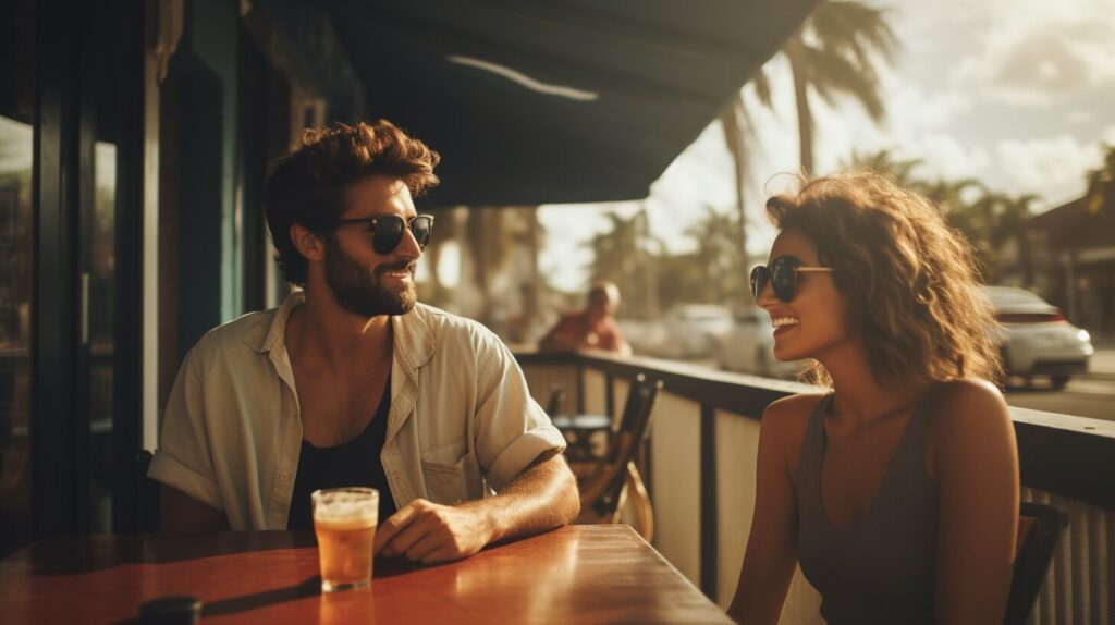 man and woman talking in summertime at outdoor bar