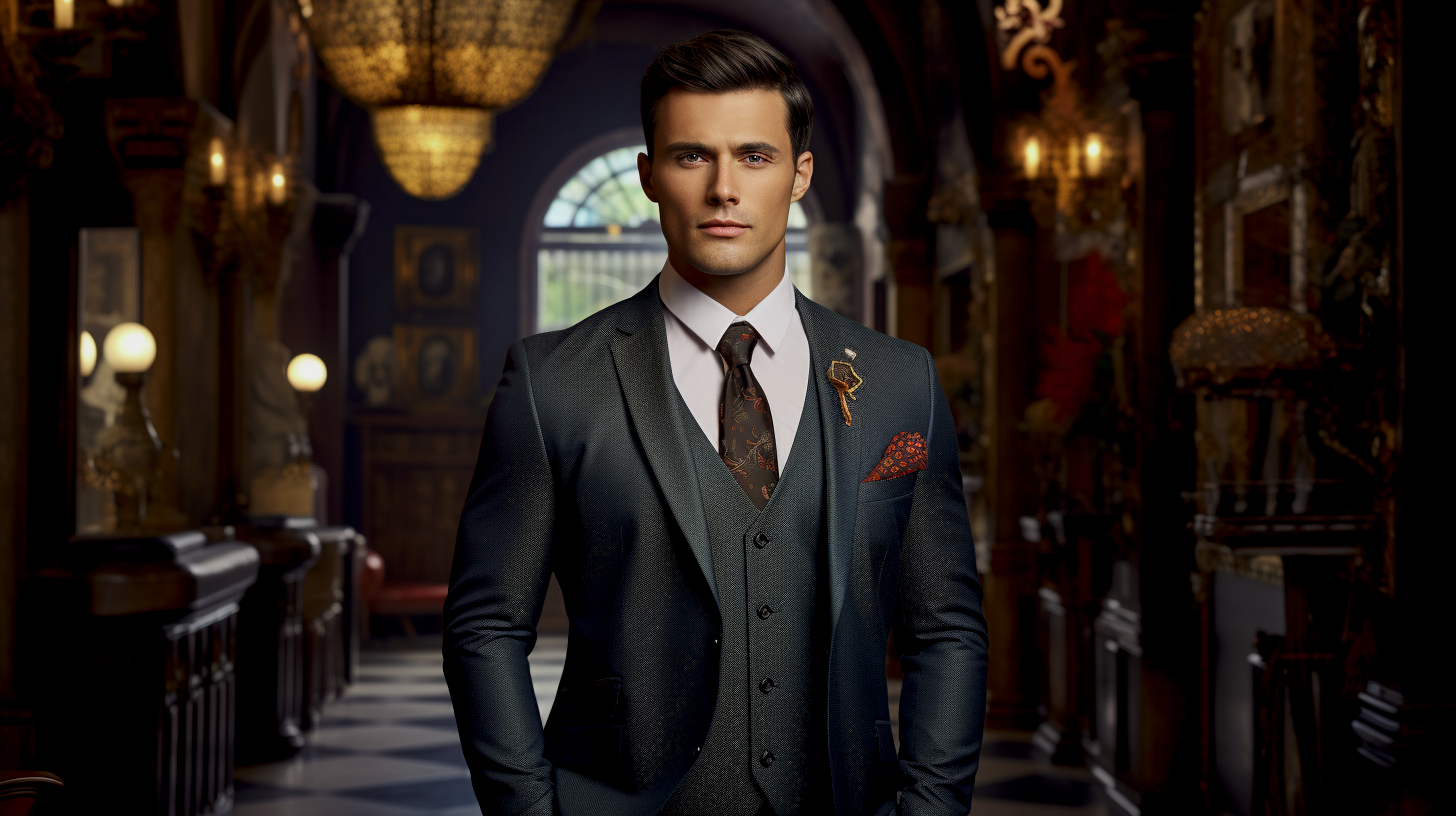 A handsome man wearing a dark textured three-piece suit, patterned tie, gold lapel pin, and red pocket square, standing in an elegant mansion hallway with warm ambient light.