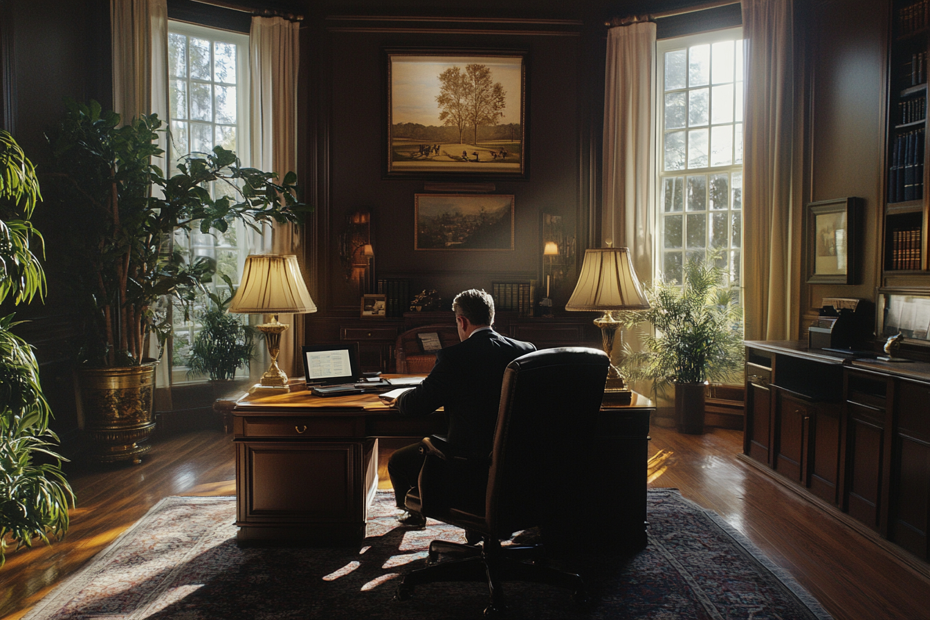 Rear view of a man in a business suit working at a large wooden executive desk with a laptop inside a dark, rich wood-paneled office with tall windows and potted plants.