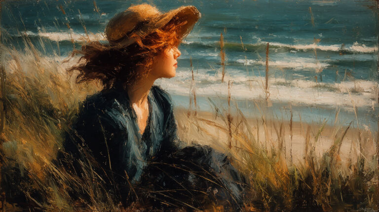 Beautiful, wistful scene of a woman sitting near the ocean, gazing thoughtfully out toward the horizon. The soft, impressionistic brushstrokes in the painting give it a dreamy, melancholy quality, with the woman’s posture and the wind tousling her hair enhancing the contemplative mood. The view of the beach and the rolling waves in the background provide a peaceful yet poignant backdrop to the moment.